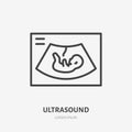 Embryo in womb flat line icon. Vector outline illustration of baby ultrasound. Black color thin linear sign for fetus