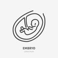 Embryo in womb flat line icon. Vector outline illustration of baby ultrasound. Black color thin linear sign for fetus