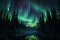 Emerald aurora dances above the northern forest, enchanting the night