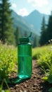 Emerald backpack, crystal water bottle; lonely trail , path, wilderness Royalty Free Stock Photo
