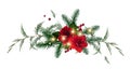 Emerald christmas greenery, red poinsettia, amaryllis, spruce, fir, cedar, winter berry vector design garland