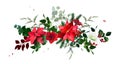 Emerald christmas greenery, red poinsettia, amaryllis, spruce, fir, cedar, winter berry vector design garland