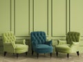 Emerald classic tufted chair among green chairs are standing in an empty room Royalty Free Stock Photo