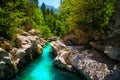 Emerald color Soca river with beautiful narrow canyon, Bovec, Slovenia Royalty Free Stock Photo
