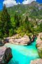 Emerald color Soca river with narrow canyon near Bovec, Slovenia Royalty Free Stock Photo