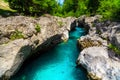 Emerald color Soca river with narrow rocky canyon, Bovec, Slovenia Royalty Free Stock Photo