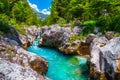 Emerald color Soca river with rocky canyon near Bovec, Slovenia Royalty Free Stock Photo