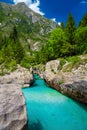 Emerald color Soca river in the rocky gorge, Bovec, Slovenia Royalty Free Stock Photo