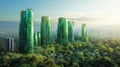 Emerald-Colored Towers Rising from a Verdant Landscape with Eco-Conscious Design