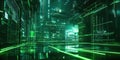 Emerald Data Streams: Abstract Green Lines Flow and Intertwine Over a Dark Background, Dotted with Sparkling Light