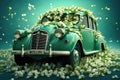 Emerald Elegance: A Classic Car Enveloped in Nature's Splendor - Generative AI Royalty Free Stock Photo