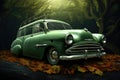 Emerald Elegance: A Classic Car Enveloped in Nature's Splendor - Generative AI Royalty Free Stock Photo