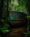 The emerald embrace of nature gently enfolds the rusting tank a reminder of peace and renewal. Abandoned landscape. AI