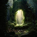 Emerald Enigma: A Lush Mossy Grotto Illuminated by Ethereal Light