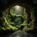 Emerald Enigma: A Lush Mossy Grotto Illuminated by Ethereal Light