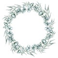 Emerald Eucalyptus leaf branches wreath. Greenery foliage, Olive Botanical frame. Hand drawn watercolor illustration for