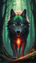 Emerald Gaze The Crimson Enigma - A Wolf Emerges from the Shadows, Eyes Aglow with Mysterious