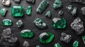 Emerald gems, rough stones, dark surface, jewelry design Royalty Free Stock Photo