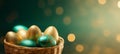 Emerald and gold Easter eggs in wicker basket on dark green background. Banner with copy space. Perfect for elegant Royalty Free Stock Photo