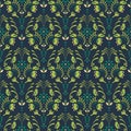 Emerald green damask flower seamless vector pattern.