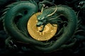 Emerald green dragon encircles Bitcoin. Symbol of the new year 2024. Chinese New Year