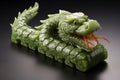 Emerald Green dragon-shaped Sushi isolate on black table. Symbol of the year 2024
