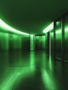 An emerald green glow suffuses a modern corridor, creating a serene and otherworldly atmosphere. The smooth reflective
