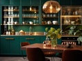 Emerald green kitchen in modern trendy design. Luxury finishes for comfortable family living.Emerald green kitchen in modern