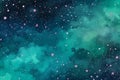 Emerald green and navy watercolor space background. View of universe with copy space. Nebula illustration Royalty Free Stock Photo