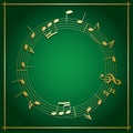 Emerald green vector background with round music frame - gold