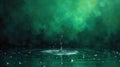 Emerald green water drop impacting still surface with concentric ripples and air bubbles against a textured background. Generative Royalty Free Stock Photo
