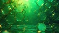 Emerald hexagonal prisms floating in a mysterious green liquid with gold accents. Generative AI Royalty Free Stock Photo