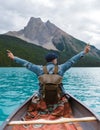 Emerald Lake in Autumn at the Yoho National Park Alberta Canada, men by the Emerald lake Canada Royalty Free Stock Photo