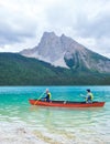 Emerald Lake in Autumn at the Yoho National Park Alberta Canada, men by the Emerald lake Canada Royalty Free Stock Photo