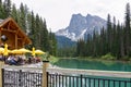 Emerald Lake, British Columbia, Canada.  - June 8, 2018. Tourists at a cafe on the famous lake enjoying wonderful mountain Royalty Free Stock Photo