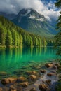 Emerald lake reflects majestic mountain and lush forest Royalty Free Stock Photo