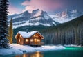 Emerald lake with snow-covered and wooden house at night on the lake shore, glowing stars