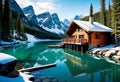 Emerald lake with snow-covered and wooden house at night on the lake shore, glowing stars