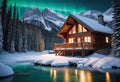 Emerald lake with snow-covered and wooden house at night on the lake shore, glowing stars