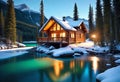 Emerald lake with snow-covered and wooden house at night on the lake shore, glowing stars Royalty Free Stock Photo