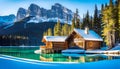 Emerald lake with snow-covered and wooden house at night on the lake shore, glowing stars