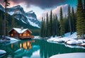 Emerald lake with snow-covered and wooden house at night on the lake shore, glowing stars