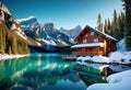 Emerald lake with snow-covered and wooden house at night on the lake shore, glowing stars