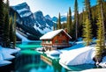 Emerald lake with snow-covered and wooden house at night on the lake shore, glowing stars