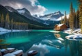 Emerald lake with snow-covered and wooden house at night on the lake shore, glowing stars