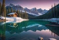 Emerald lake with snow-covered and wooden house at night on the lake shore, glowing stars