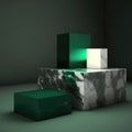emerald lights and marble cubes podium, empty showcase for packaging product presentation AI generation