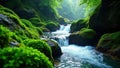 Emerald moss blankets ancient rocks, water tumbles down, wilderness, fresh, scenic Royalty Free Stock Photo