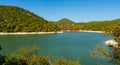 Emerald water of lake in Sukko with group cypresses Taxodium distichum, against background of mountain