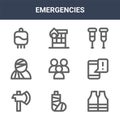 9 emergencies icons pack. trendy emergencies icons on white background. thin outline line icons such as life jacket, emergency,